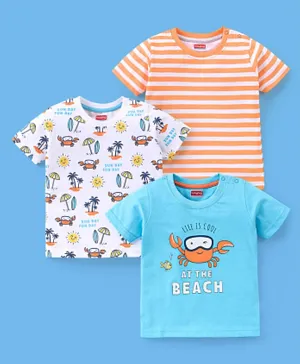 Babyhug Cotton Half Sleeves T-Shirt Stripes & Beach Print Pack of 3- Blue & White