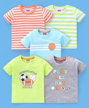 Babyhug Cotton Half Sleeves T-Shirt Stripes & Sports Print Pack of 5- Green & Blue
