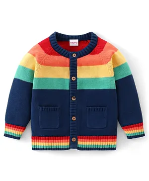 Babyhug Organic Cotton Full Sleeves Front Open Colour Block Design  Sweater -Blue Red & Green