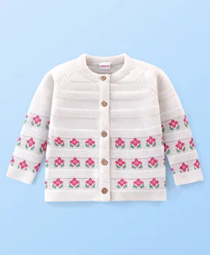 Babyhug Organic Cotton Full Sleeves Front Open Floral Design Sweater - White & Pink
