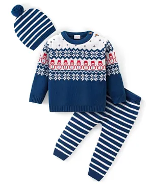 Babyhug 100% Organic Cotton Full Sleeves Sweater Set With Cap Intarsia Design- Blue