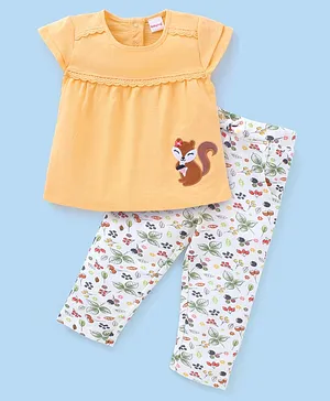 Babyhug 100% Cotton Knit Half Sleeves Top and Legging Set With Squirrel Patch & Fruits Print - Yellow & White