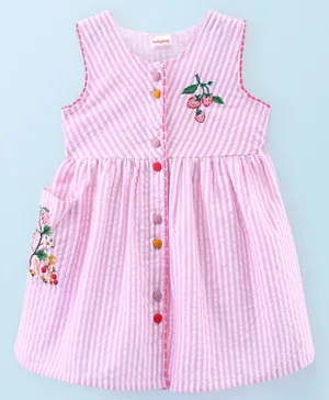 Babyhug Rayon Yarn Dyed Sleeveless Striped & Strawberry Embroidered Frock- Pink
