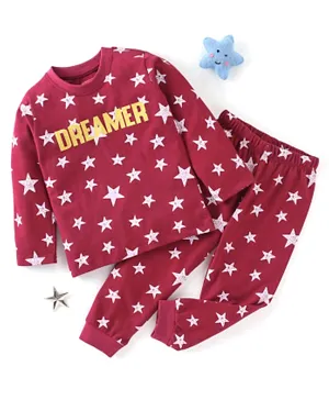Babyhug Cotton Full Sleeves Night Suit Text & Stars Print- Maroon