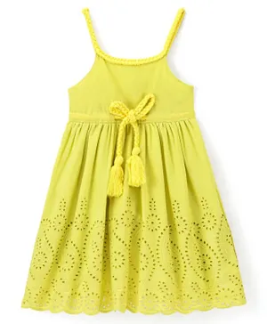 Babyhug Cambric Cotton Woven Sleeveless Frock with Schifilli & Tie-Up Detailing - Green