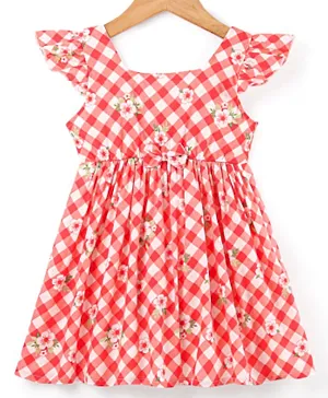 Babyhug Cotton Woven Cap Sleeves Frock With Floral Print & Bow Applique - Pink