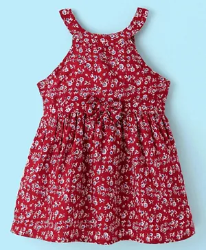 Babyhug Rayon Woven Sleeveless Fit & Flare Frock with Bow Applique Floral Print - Red