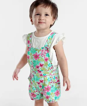 Babyhug 100% Cotton Dungaree With Half Sleeves Inner Tee Tropical Print - Offwhite & Blue