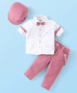 Babyhug Full Sleeves Musical Notes Printed Stretch Fit Party Shirt & Trousers with Cap & Bow - Peach & White