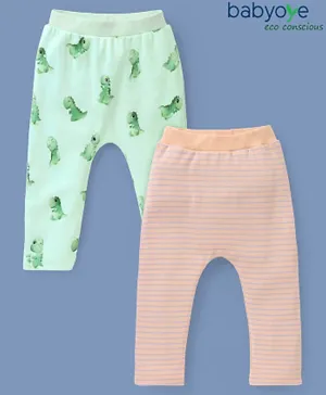 Babyoye Eco Conscious Cotton Eco Jiva Striped & Alligator Print Full Length Diaper Leggings Pack of 2 - Green & Peach