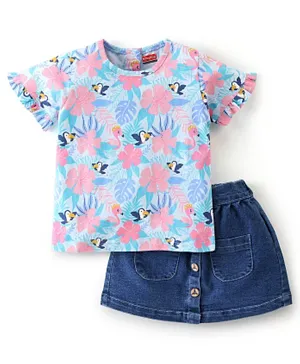 Babyhug 100% Cotton Half Sleeves Top & Denim Skirt Set Floral Print- Blue