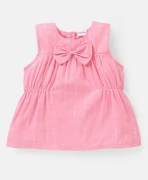 Babyhug Cotton Dobby Lurex Checks Sleeveless Top  with Bow Detailing- Pink