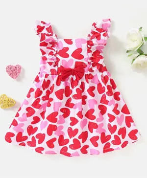 Babyhug 100% Cotton Woven Sleeveless Frock with Bow Applique Heart Print - Red