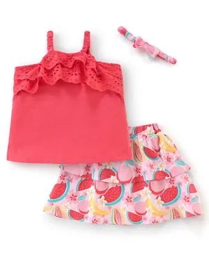Babyhug 100% Cotton Jersey Singlet Sleeves Top with Lace Details & Skirts Set Floral & Fruity Print - Red & Pink