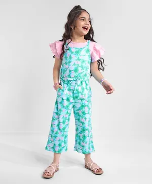 Ollington St. Knitted Top with Tropical Print Dungaree Set - Pink & Green