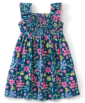 Babyhug 10% Cotton Knitted Sleeveless Frock Floral Print- Navy Blue