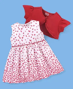 Babyhug 100% Cotton Butterfly Printed Knitted Frock with shrug - White & Red