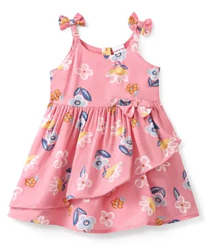 Babyhug Rayon Sleeveless Frock With Bow Applique & Floral Print- Pink
