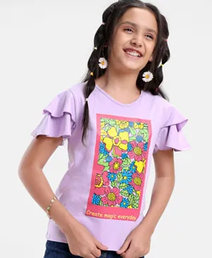 Pine Kids Cotton Knit Half Sleeves Floral Print T-Shirt - Purple
