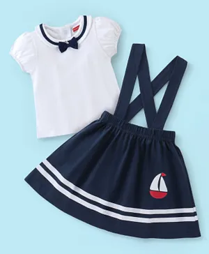 Babyhug 100% Cotton Half Sleeves Top and Skirt with Suspender Solid Colour - White & Blue