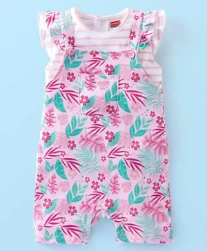 Babyhug 100% Cotton Sleeveless Striped Tee & Dungaree Set Floral  Print- Pink