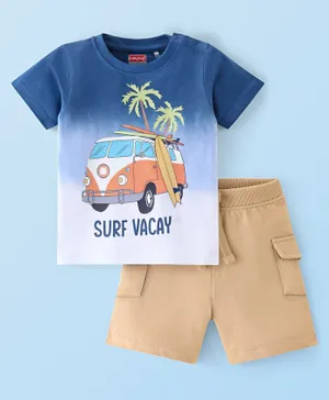 Babyhug 100% Cotton Half Sleeves T-shirt and Shorts Set - Blue & Beige