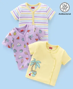 Babyhug 100% Cotton Antibacterial Half Sleeves Vests Boat & Palm Tree Print Pack of 3 - Purple & Yellow