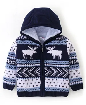 Babyhug Full Sleeves Hooded Sweater Reindeer Design- Navy Blue & White