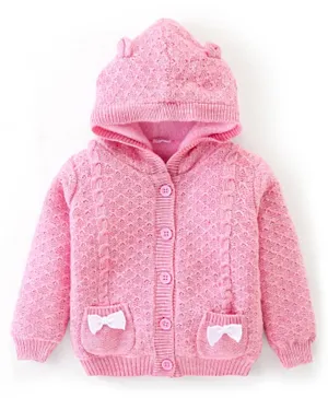 Babyhug Full Sleeves Hooded Sweater Cable Knit Design With Sequin Bow Detailing- Pink