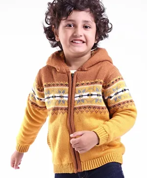 Babyhug Knit Full Sleeves Hooded Sweaters Argyle Design - Mustard & Brown