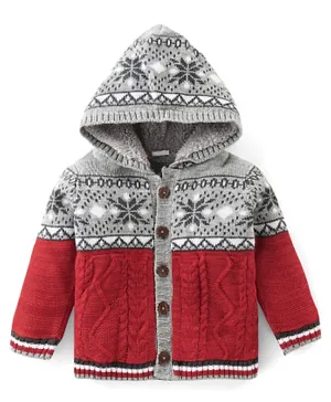 Babyhug 100% Acrylic Knit Full Sleeves Front Open Hooded Sweater with Floral Design - Grey & Red