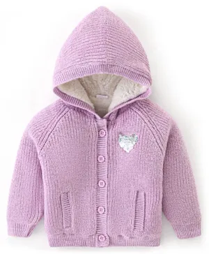 Babyhug Full Sleeves Hooded Sweater Cable Knit Design With Sequin Heart Detailing- Purple