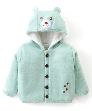 Babyhug Knit Full Sleeves Hooded Sweaters with Teddy Embroidery - Mint Blue