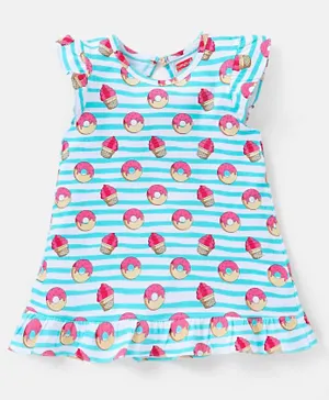 Babyhug Flutter Sleeves Striped Nighty Donuts Print - White & Multicolor