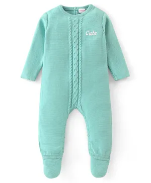 Babyhug 100% Cotton Full Sleeves Winter Wear Embroidered Romper - Aqua Blue