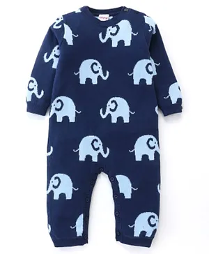 Babyhug 100% Cotton Full Sleeves Winter Wear Romper Elephant Print - Navy Blue