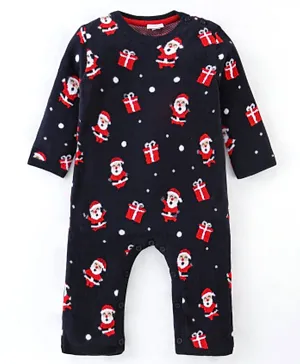 Babyhug 100% Cotton Full Sleeves Winter Wear Romper With Santa Claus Print - Navy Blue & Red
