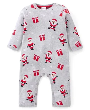 Babyhug 100% Cotton Full Sleeves Winter Wear With Romper Santa Claus Print - Grey & Red