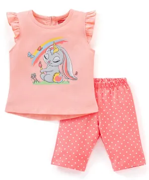 Babyhug Cotton Knit Frill Sleeves Night Suit Bunny Print - Peach