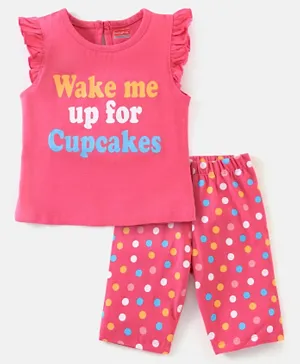 Babyhug Cotton Knit Cap Sleeves Capri Night Suit Text & Polka Dots Print - Pink