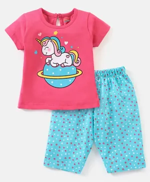 Babyhug Cotton Half Sleeves Capri Night Suit Hearts & Unicorn Print- Blue & Pink