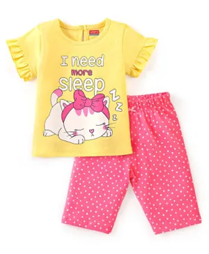 Babyhug Cotton Half Sleeves Capri Night Suit Kitty & Dot Print- Yellow & Pink