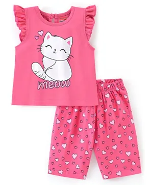 Babyhug Cotton Knit Frill Sleeves Capri Night Suit Kitty Print - Pink