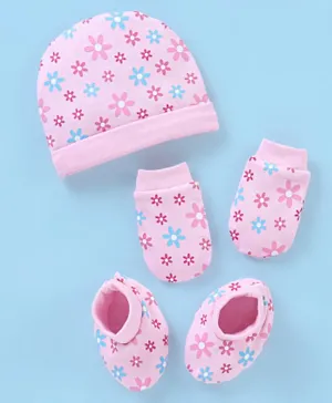 Babyhug Cotton Floral Print Cap Mittens & Booties Set - Pink