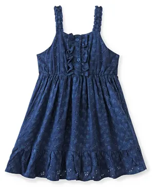 بيبي هاغ فستان صيفي بدون أكمام محبوك من القطن 100% مع تطريز زهور - أزرق داكن