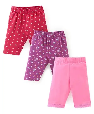Babyhug Cotton Lycra Three Fourth Leggings Heart & Floral Print Pack Of 3- Red Pink & Purple