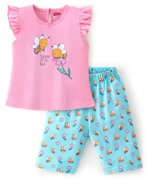 Babyhug Cotton Knit Frill Sleeves Capri Night Suit Honey Bee Print - Peach & Blue
