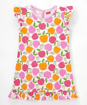 Babyhug Cotton Knit Frill Sleeves Nighty with Fruits Print - Multicolour