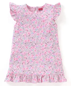 Babyhug Cotton Frill Sleeves Nighty Floral Print- Pink