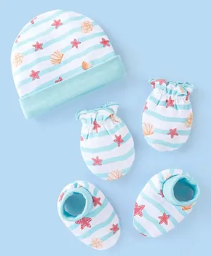 Babyhug 100% Cotton Cap Mittens And Booties Star & Shell Print -  Blue